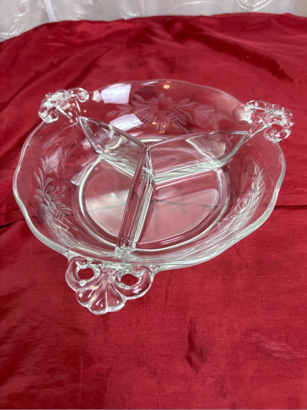 Vintage Heisey Etched Glass 3-Section Serving Bowl with Handles